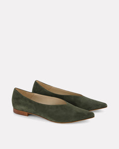 Oya Ramona flat pointed toe shoe in olive green suede, low heel for extended women's sizes.