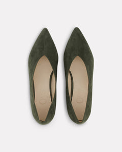 Oya Ramona flat pointed toe shoe in olive green suede, low heel for extended women's sizes.