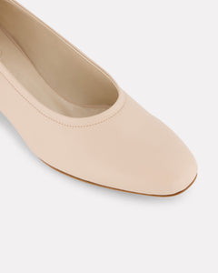 Close up of Oya Culford heel, a light blush pink women's low heel made in extended or large shoe sizes.